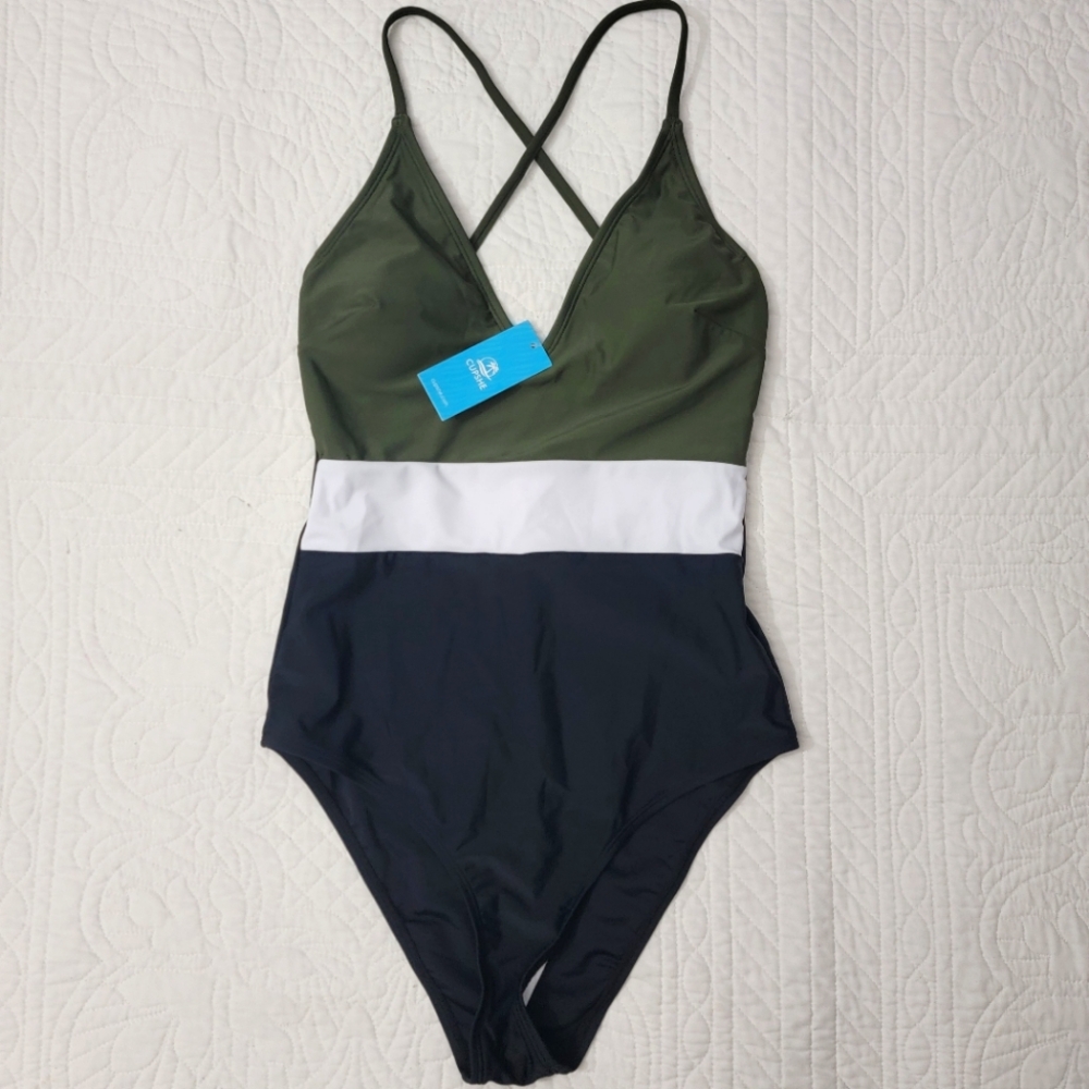 Women's Green Black White V-neck Cross Back Strap Bathingsuit Swimwear Size S